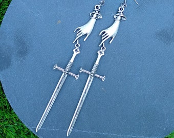 Tarot earrings, large sword earrings silver, hand earrings, statement long gothic earrings mystical jewelry medieval witchy earrings