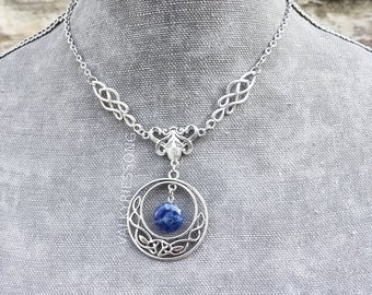 Silver celtic full moon necklace, lapis sodalite gemstone necklace, celtic choker necklace, Art Nouveau, blue stone choker, viking, fantasy