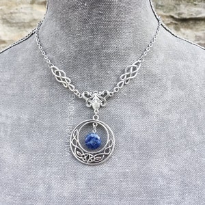 Silver celtic full moon necklace, lapis sodalite gemstone necklace, celtic choker necklace, Art Nouveau, blue stone choker, viking, fantasy