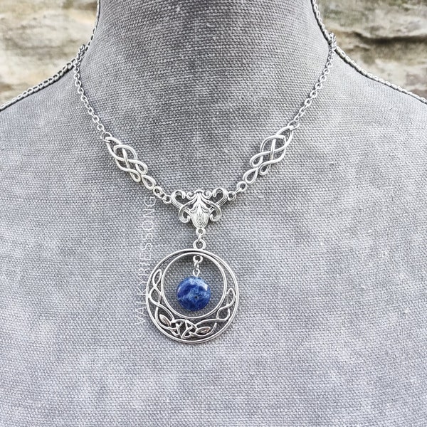 Silver celtic full moon necklace, lapis sodalite gemstone necklace, celtic choker necklace, Art Nouveau, blue stone choker, viking, fantasy