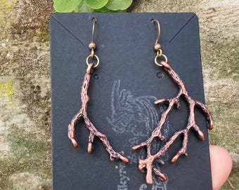 Rustic Bronze Brown Copper Branch Earrings, Asymmetrical Dangle Earrings, Nature Jewelry