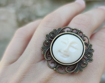 Moon face ring, vintage style ivory glass full moon ring, bronze filigree ring victorian celestial ring, art nouveau