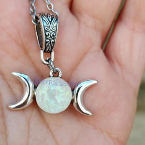 Triple goddess necklace, druzy triple moon necklace resin gunmetal, silver, clear or white druzy or opal moon necklace, pagan, wiccan witchy