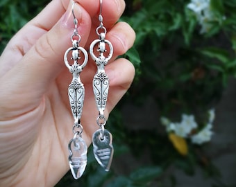 Sacred feminine goddess earrings with clear crystal arrows, silver tribal earrings feminist jewelry female symbol pagan jewelry