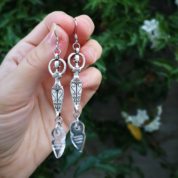 Sacred feminine goddess earrings with clear crystal arrows, silver tribal earrings feminist jewelry female symbol pagan jewelry