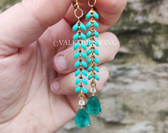 Mint green earrings, long fishbone chain earrings, spring summer earrings, emerald green crystal drop enameled chevron chain earrings