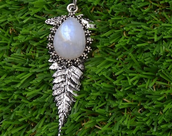 Silver leaf necklace, fern necklace, moonstone drop necklace, nature inspired jewelry, Boho pendant