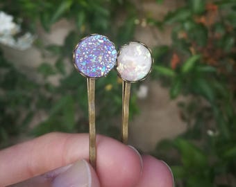 Druzy and opal bobby pins set of two, hair clips, hair pins, boho hair accessories