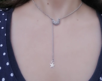 Filigree crescent moon and star necklace, silver dainty necklace, Y lariat necklace minimalist necklace, filigree jewelry