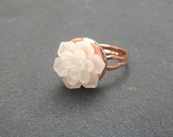 Glitter White Rose Ring, Rose Gold Ring Whimsical Dainty Jewelry