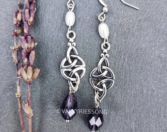 Silver celtic earrings with pearls, dangle purple crystal celtic knot earrings, long viking earrings, viking jewelry irish jewelry