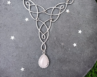 Rose quartz celtic necklace, silver stainless steel elven necklace, rose quartz drop choker necklace, celtic bridal jewelry