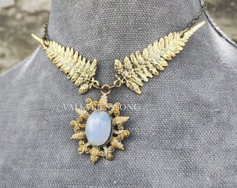 Fairy antique gold leaf necklace with moonstone, elven jewelry, fern necklace fantasy bridal moonstone jewelry renaissance fairycore jewelry