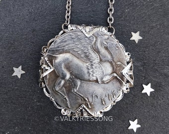 Pegasus necklace, antique silver greek coin necklace, antique style, stainless steel filigree wrapped greek necklace, ancient Greece