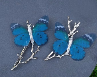 Something Blue butterfly hair pins, silver branch bobby pin, cottagecore fairycore twig nature hair accessories magical wedding hair jewelry