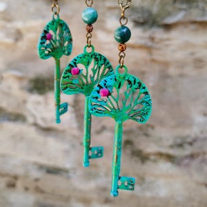 Key to the Secret Garden key necklace, apple tree necklace, antique green patina key pendant, jade stone gardener gift, whimsical jewelry