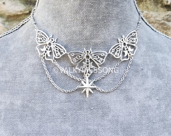 Celestial luna moth choker necklace, silver night buttefly necklace with star & chains, starburst choker, celestial necklace, insect jewelry