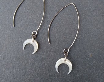 Mother of pearl moon earrings, silver delicate airy steel long hoop earrings, seashell crescent moon earrings, ethereal lightweight earrings