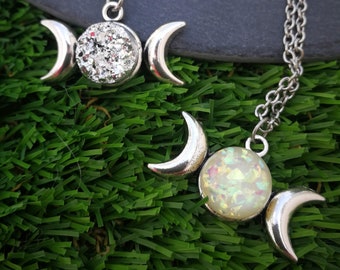 Wiccan jewelry witchcraft triple moon necklace, druzy moon necklace triple goddess necklace, opal triple moon necklace triple moon jewelry