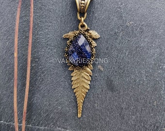 Blue goldstone necklace, Bronze Fern Necklace, Antiqued Brass Leaf Necklace fern pendant nature jewelry blue sandstone necklace cottagecore