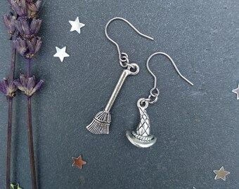 Witch earrings, silver witch hat and broom earrings, stainless steel halloween earrings, samhain mismatched earrings witchy jewelry