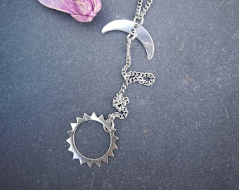 Sun and Moon Necklace, Sterling silver & Steel Celestial Jewelry, Crescent Pendant