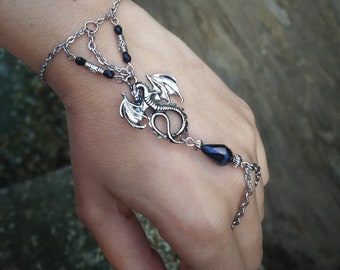 Dragon slave bracelet, silver dragon bracelet stainless steel hand chain, beaded black crystal, fantasy jewelry, hand chain ring bracelet