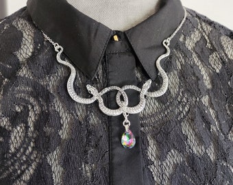 Double snake necklace silver, gothic necklace, snake jewelry bermuda blue crystal drop necklace, entwined snakes necklace, rainbow teardrop