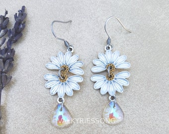 Daisy earrings, silver dangle daisies flower earrings with glass dew drop charms, cute earrings, cottagecore nature inspired jewelry