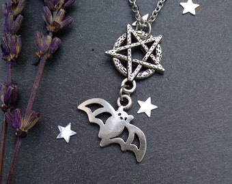 Halloween cute bat necklace, whimsigoth jewelry, silver steel pentacle necklace, dainty bat charm necklace, halloween jewelry