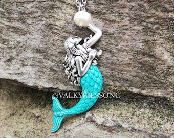 Silver mermaid necklace with pearl, large mermaid pendant necklace with green blue tail, patina mermaid jewelry magical sea lover gift