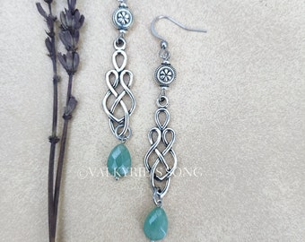 Celtic knot earrings, silver celtic earrings with aventurine crystal teardrop, steel green stone earrings, celtic elven viking jewelry