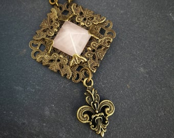 Quartz crystal pyramid necklace, rose quartz necklace filigree, fleur de lis necklace vintage rose quartz jewelry fleur de lis pendant