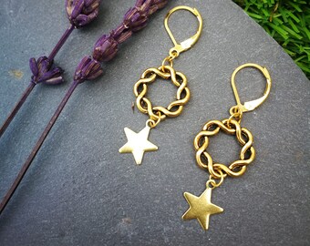 Star hoop earrings Gold star earrings leverback gold round earrings dainty earrings knot circle earrings