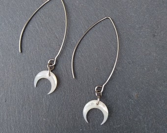 Mother of pearl moon earrings, silver dainty crescent earrings, steel long hoop earrings, seashell moon earrings, ethereal, lightweight