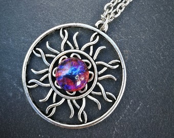 Silver celtic sun necklace with dragons breath opal, Magical Atom necklace, Science jewelry, sunburst necklace, fire opal sun necklace