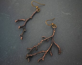 Copper branch earrings dangle long asymmetrical nature earrings, autumn jewelry twig earrings earthy rustic earrings, brown tree earrings