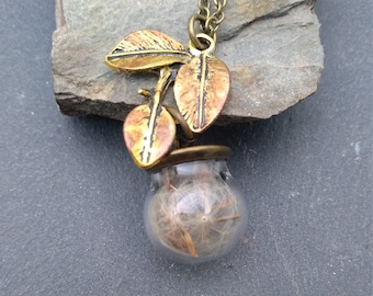 Dandelion Seed Necklace, Golden Leaf, Vintage Style Terrarium Jewelry