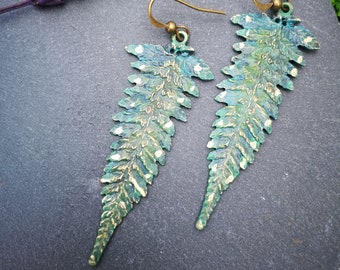 Statement green leaf earrings, long fern earrings, dangle green ombre earrings, hand painted forest jewelry, nature lover gift for her