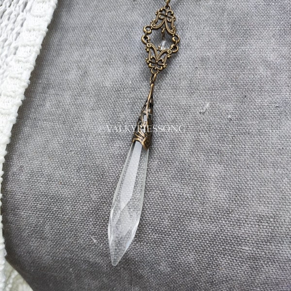 Large pendulum necklace, crystal victorian necklace, Renaissance necklace, bronze medieval necklace, Clear crystal necklace vintage style