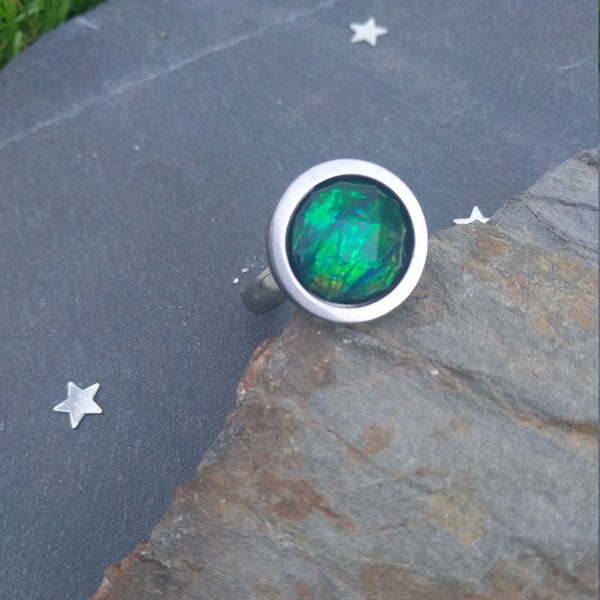 Northern lights jewelry Aurora borealis ring green blue opal resin ring, stainless steel