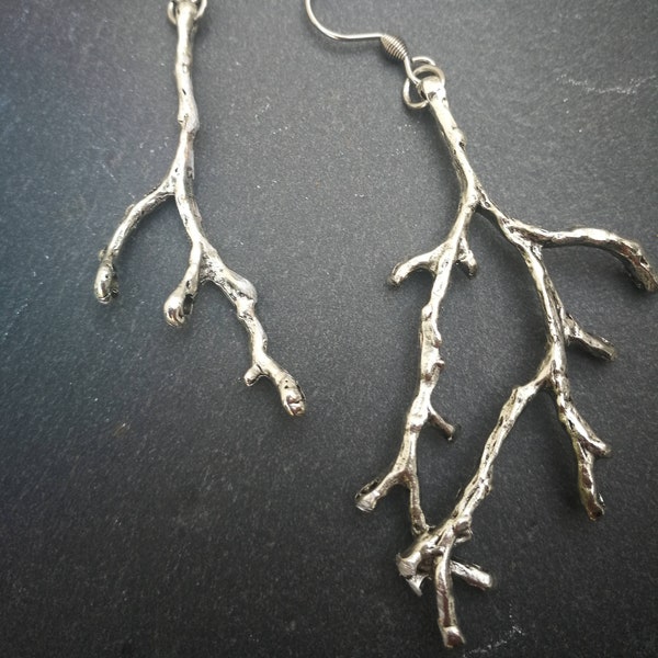 Twig earrings silver branch earrings, antique silver mismatch tree earrings, large statement earrings, nature inspired jewelry