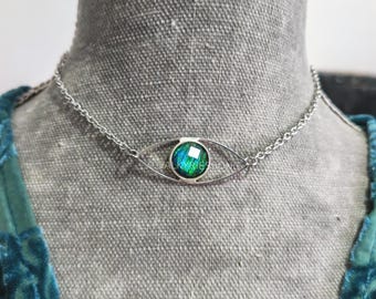 Eye Choker Necklace, Silver Steel Resin Opal Necklace, Boho Witchy Jewelry