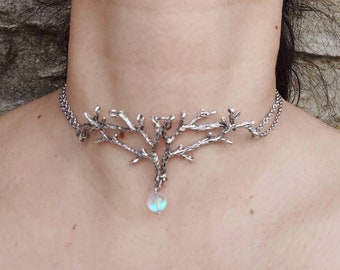 Deer antler necklace, silver branch choker, elven jewelry, iridescent crystal choker, twigs choker necklace, elk jewelry woodland jewelry