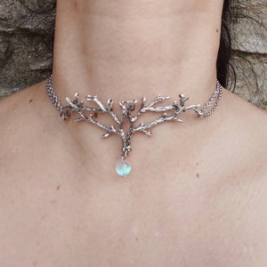 Deer antler necklace, silver branch choker, elven jewelry, iridescent crystal choker, twigs choker necklace, elk jewelry woodland jewelry