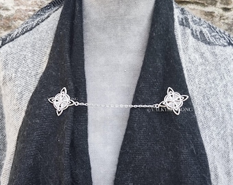Witch knot pins with chain, silver steel viking cloak brooch, gothic collar pins, irish celtic witchy renaissance accessories