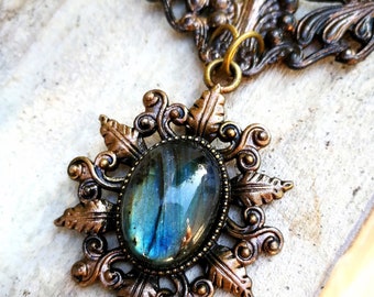Oval labradorite necklace, fantasy fairy tale necklace, flashy labradorite jewelry, forest tree leaves statement necklace