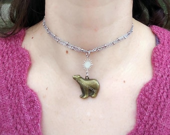 Vintage style polar bear choker necklace, Y2K necklace, north star necklace, polar bear necklace, cute bear charm necklace mama bear jewelry