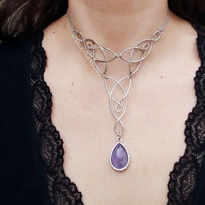 Amethyst celtic knot choker necklace, silver celtic necklace with amethyst drop, statement amethyst necklace, fairycore renfaire accessories image 1