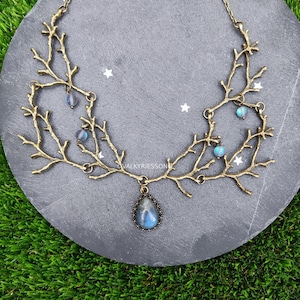 Magical Bronze Labradorite Necklace, Enchanted Forest Elven Twig Necklace, Statement Brass Branch Necklace, Elven Jwelry